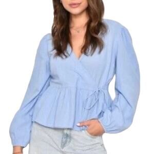 NWT Rachel Zoe Linen Top Blouse Peplum Wrap Tie Waist Women M Blue 100% Linen